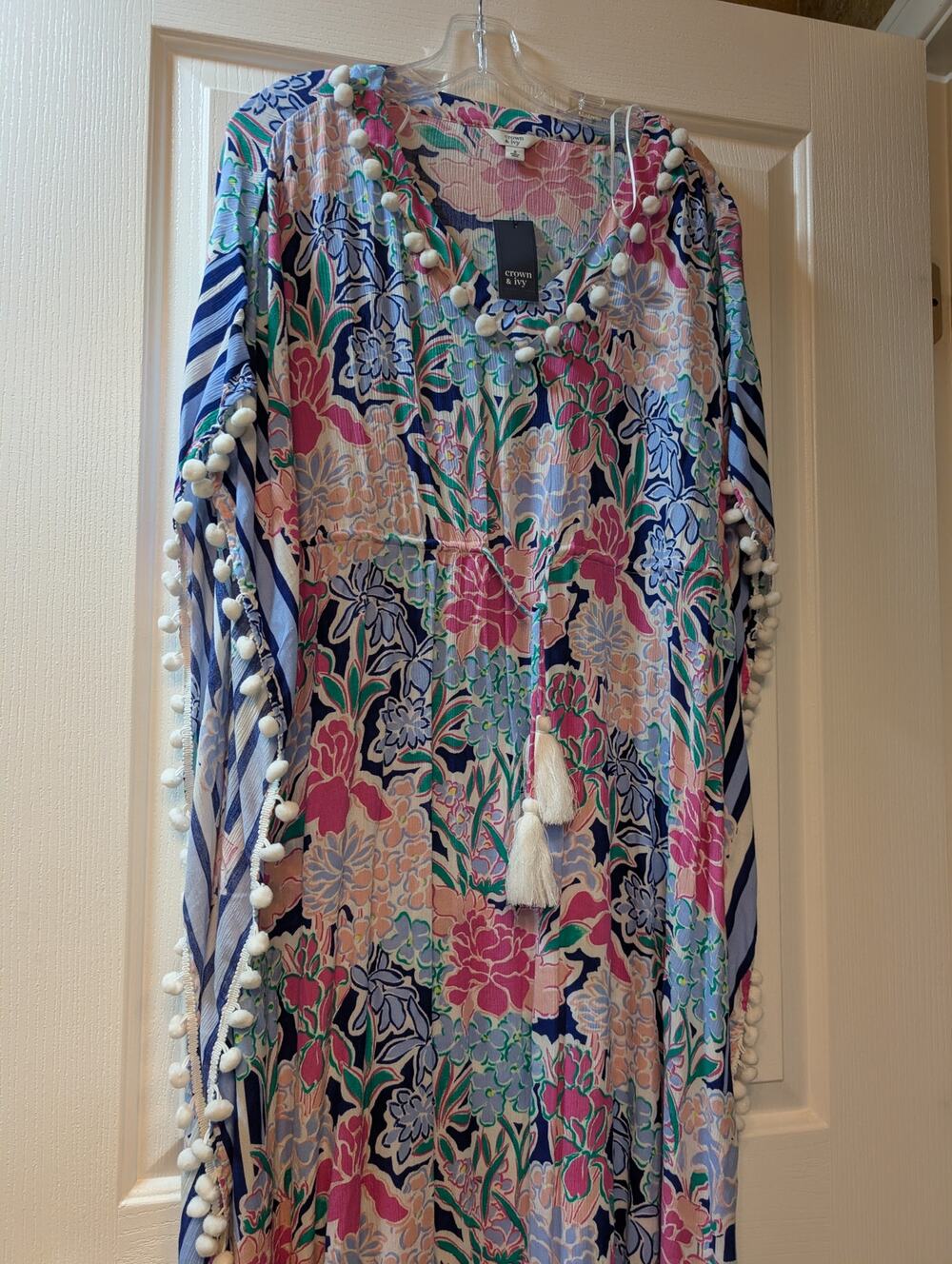 Crown & Ivy NWT Women's Small Blue Multi Floral Pom Pom Kimono Caftan Dress